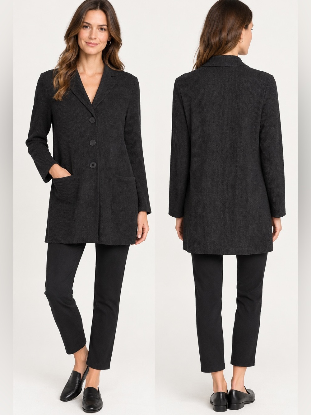 Eileen Fisher Cotton Nylon Stretch Grid Long Jacket Cardigan Black Waffle Knit M